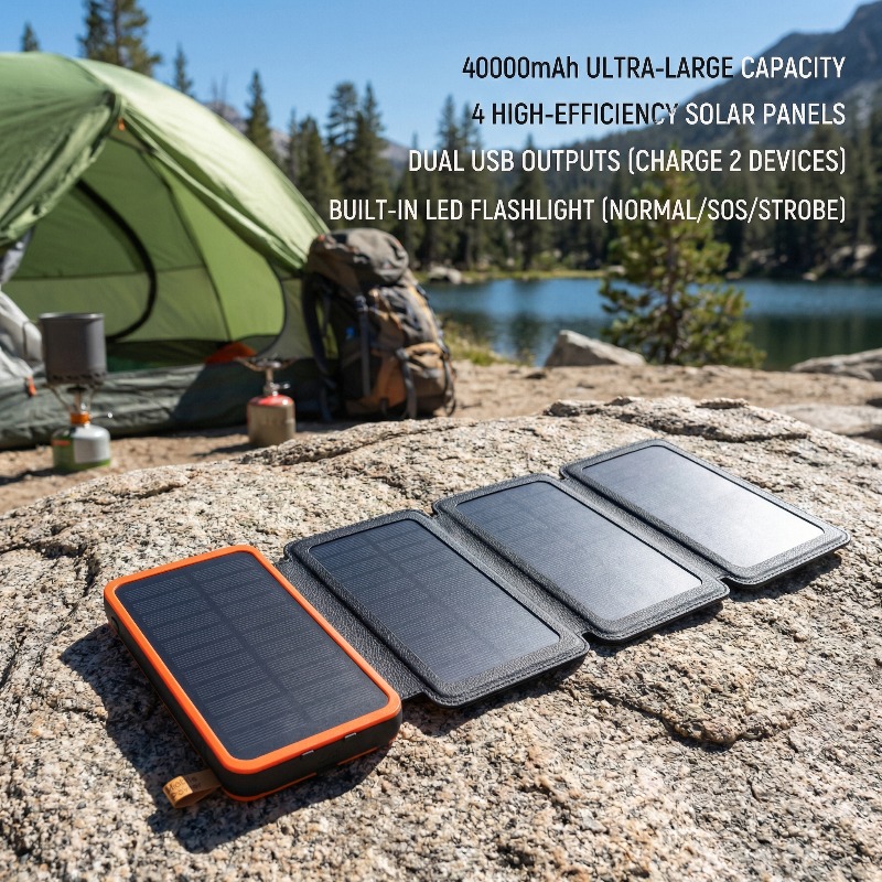 TEMU Solar Charger Power Bank, Portable Solar Phone Charger, Camping External Battery Charger For Cell Phones, With 2 Usb Ports And An Led Flashlight