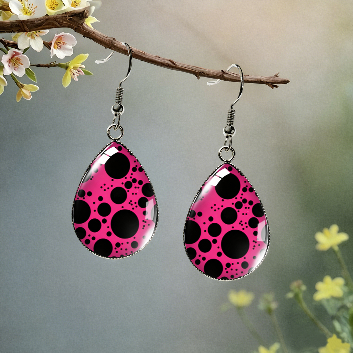 Women's Rose Pink and Black Polka Dot Teardrop Earrings