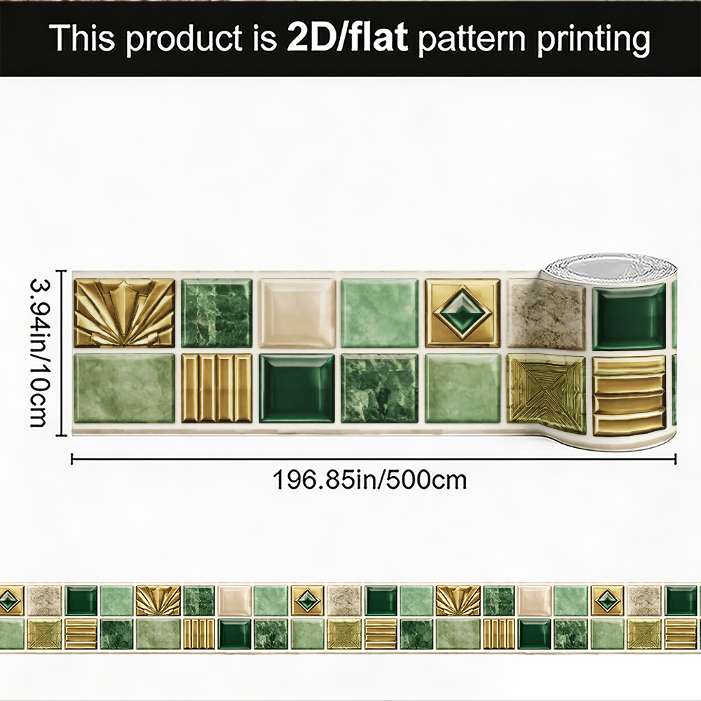 TEMU 1 Roll 2d/flat 10x500cm (3.9x196.9in) Border Sticker/elegant Wall Stickers, Self-adhesive, Green Beige Golden Geometric Tile Mosaic Border With