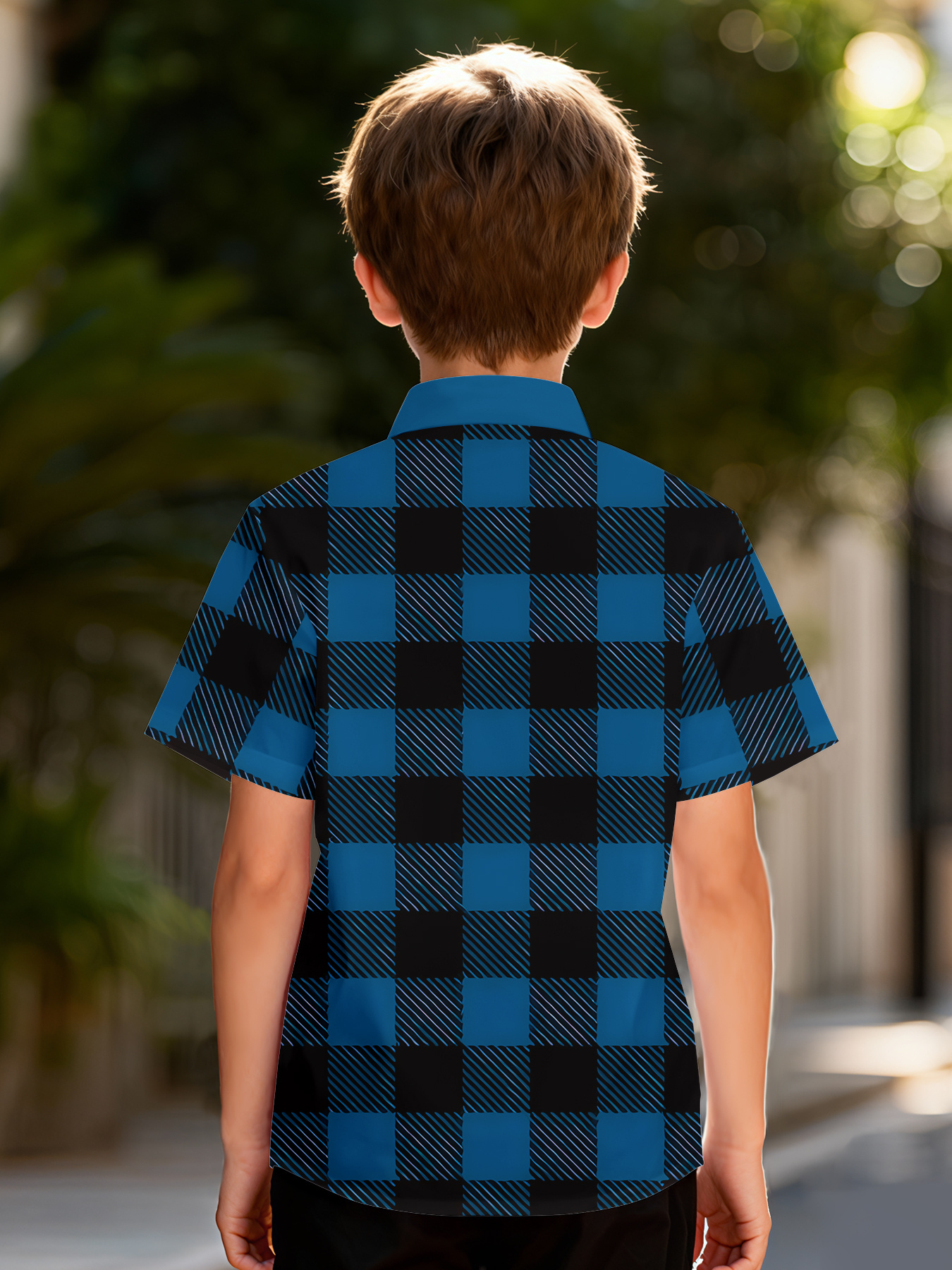 Camisa a cuadros azul frío con estampado digital, camisa creativa para niños, camisa casual de manga corta con solapa, un regalo perfecto para niños
