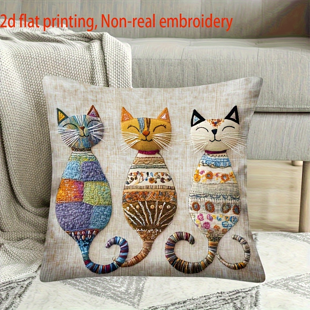 TEMU 2d Flat, 2d Flat Colorful Cat Single-sided Printed Decorative Cushion Cover- 17, 72inch * 17, 72inch, Soft Polyester Fabric, Suitable For Sofa,