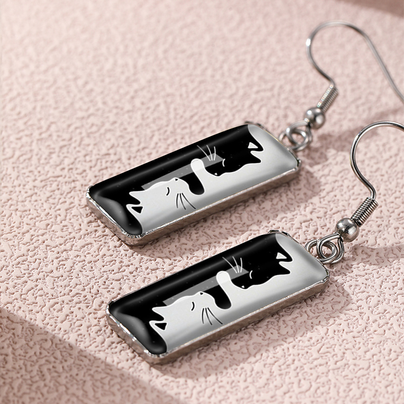 Cute Yin-yang Cat Illustration Rectangular Hook Earrings