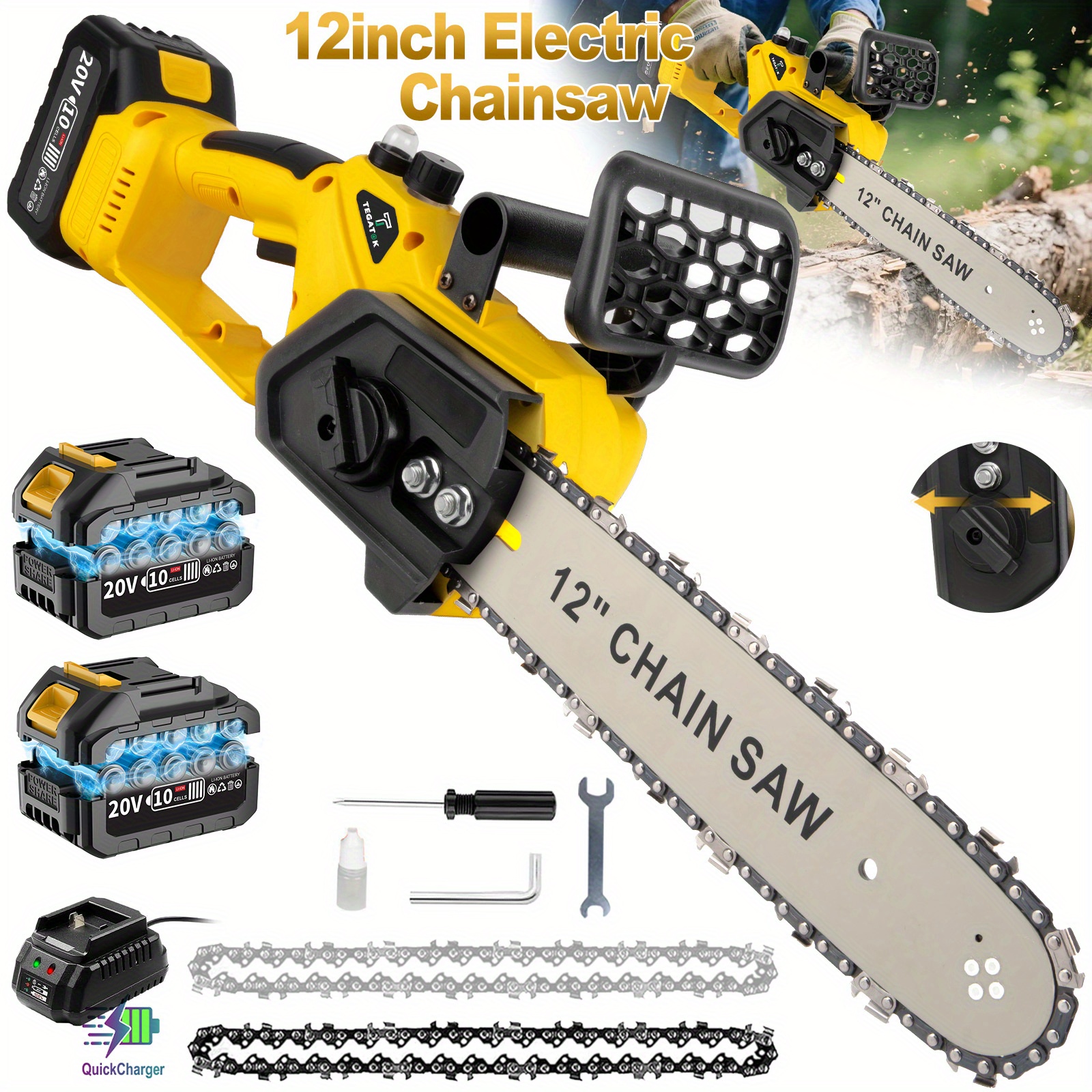 TEMU Brushless Motor 12-inch Electric Chainsaw Cordless, Batteries Powered, 20v Portable Compact Saw -6-inch Chain Saw , Tensioning And Automatic