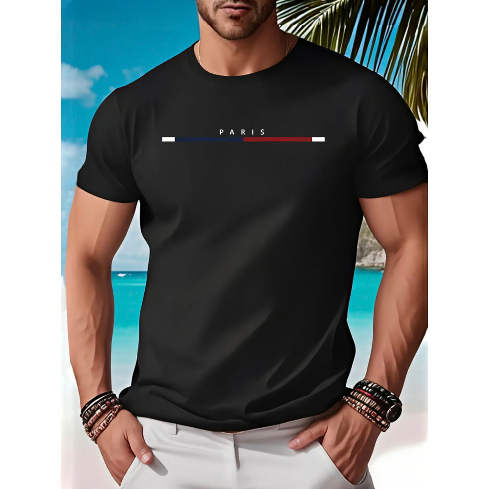 TEMU Men's Paris Graphic T-shirt Black Casual Short Sleeve Tee With Red, White, And, Comfortable Round Neck, Perfect For Casual Attire, Everyday Wear Parisian Style 