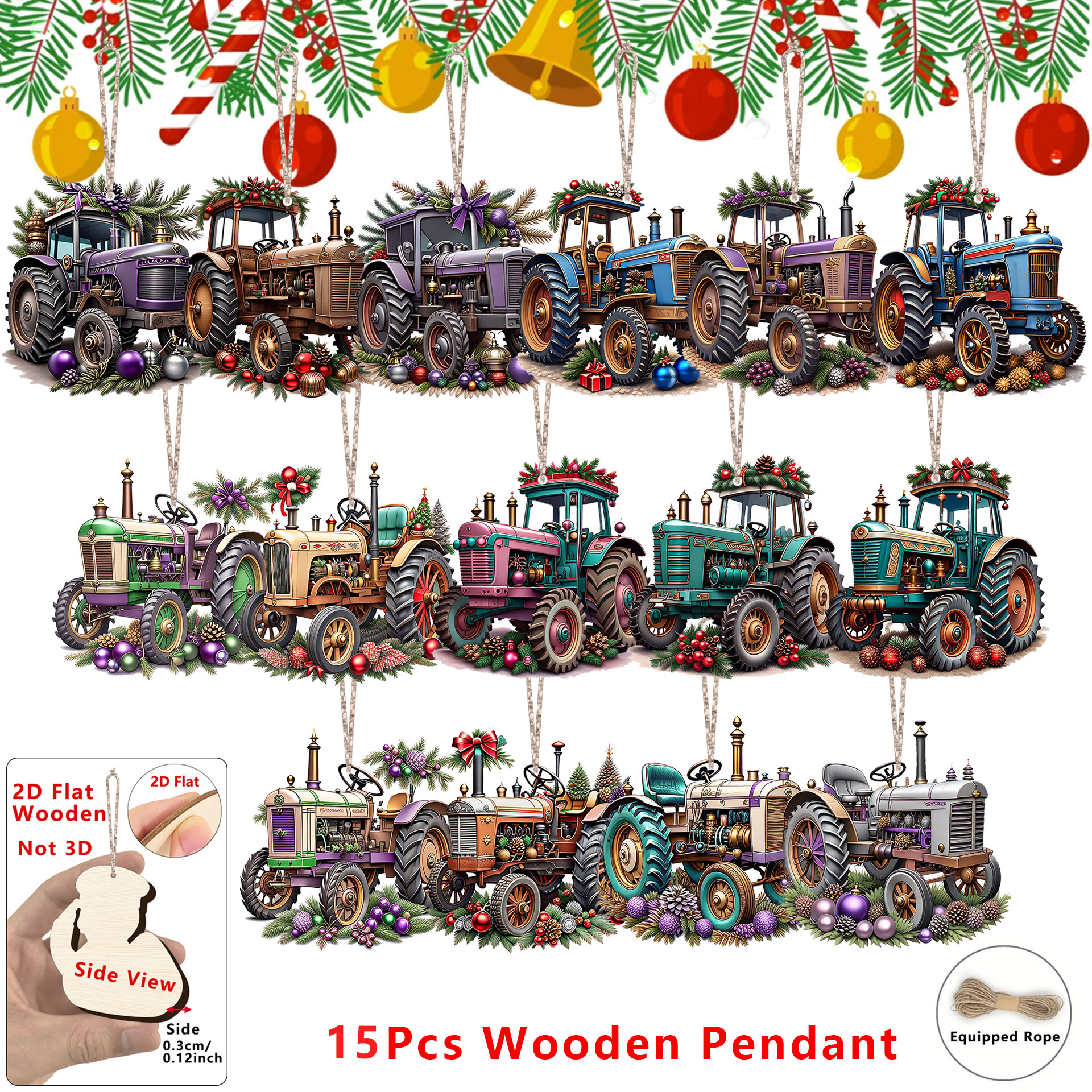 TEMU 2D Plat, Set van 15 Vintage Tractor Kerstversieringen - Rustieke Boerderij Hangende Pendants Geschikt voor Thuis, Kantoor, Klaslokaal Decoratie,
