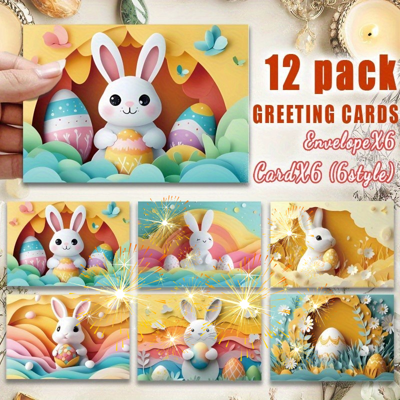 12pcs Set Of Modern Minimalist Colorful Floral Cards Featuring Realistic 3d Rabbits, Perfect For , Colleagues