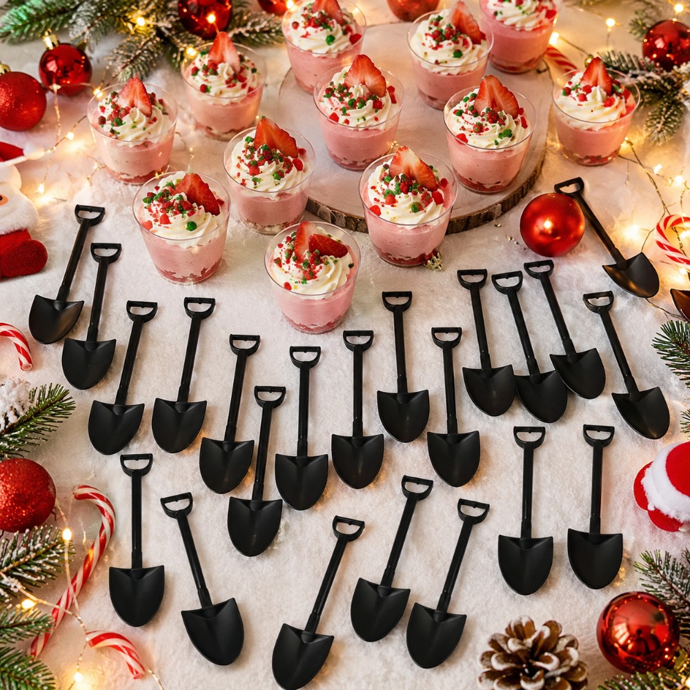 TEMU 23pcs, Cuillère Pelle Noire, Ensemble de Vaisselle de Dessert, Cuillère de Décoration pour Gâteau, Pudding et Glace pour Fête d'Halloween,