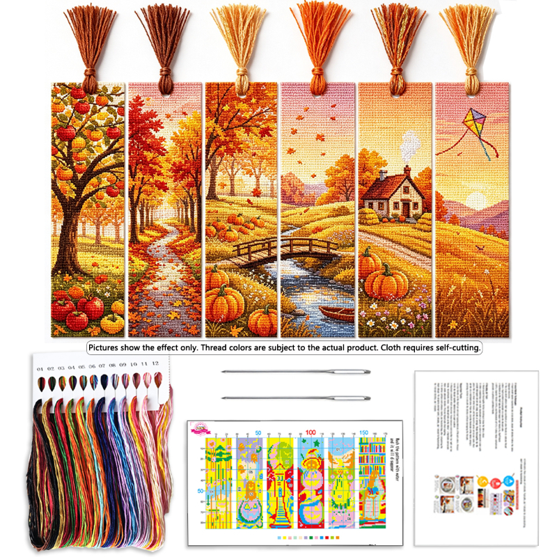 TEMU 6pcs Cross Stitch Kit For Beginners, Autumn Countryside Diy Embroidery Set With Pumpkin Maple Leaf Patterns, Complete Tools Included Gift For
