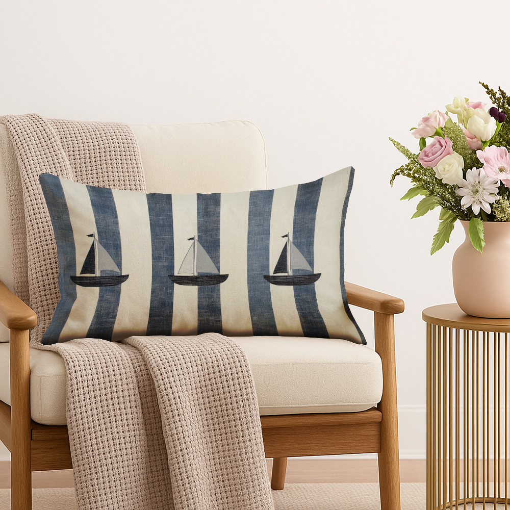 TEMU 1pc Nautical-themed Decorative Pillow Cover With A Striped Design, Measuring 12x20 Inches (30x50 Cm). Plush Cushion Cover Is Perfect For