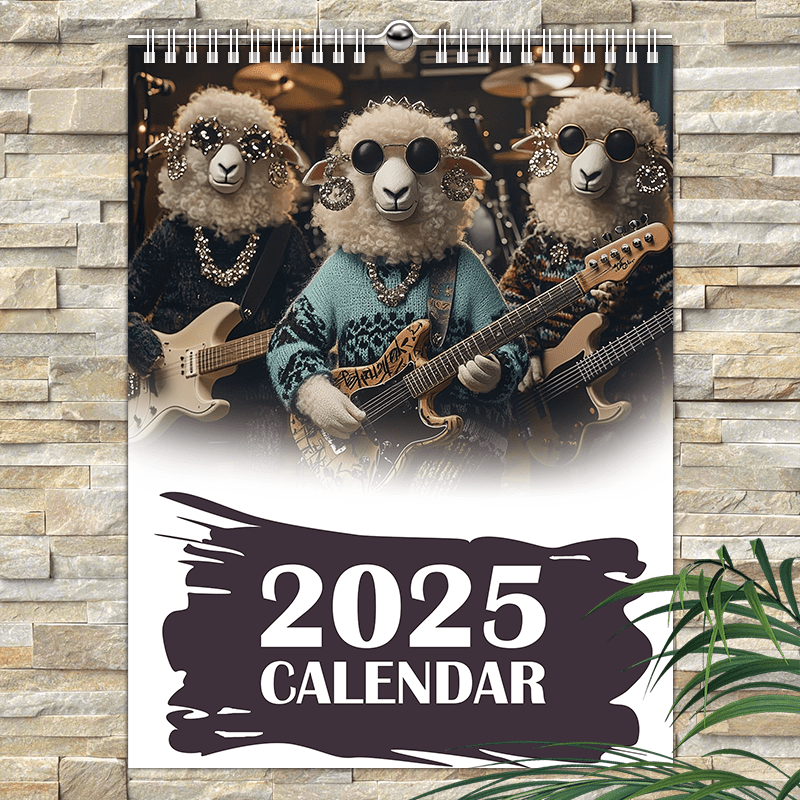 

2025 Animal Band Themed Wall Calendar, 12-month Hanging Planner, Paper Material, With Guitar-playing , For Office And Personal Use