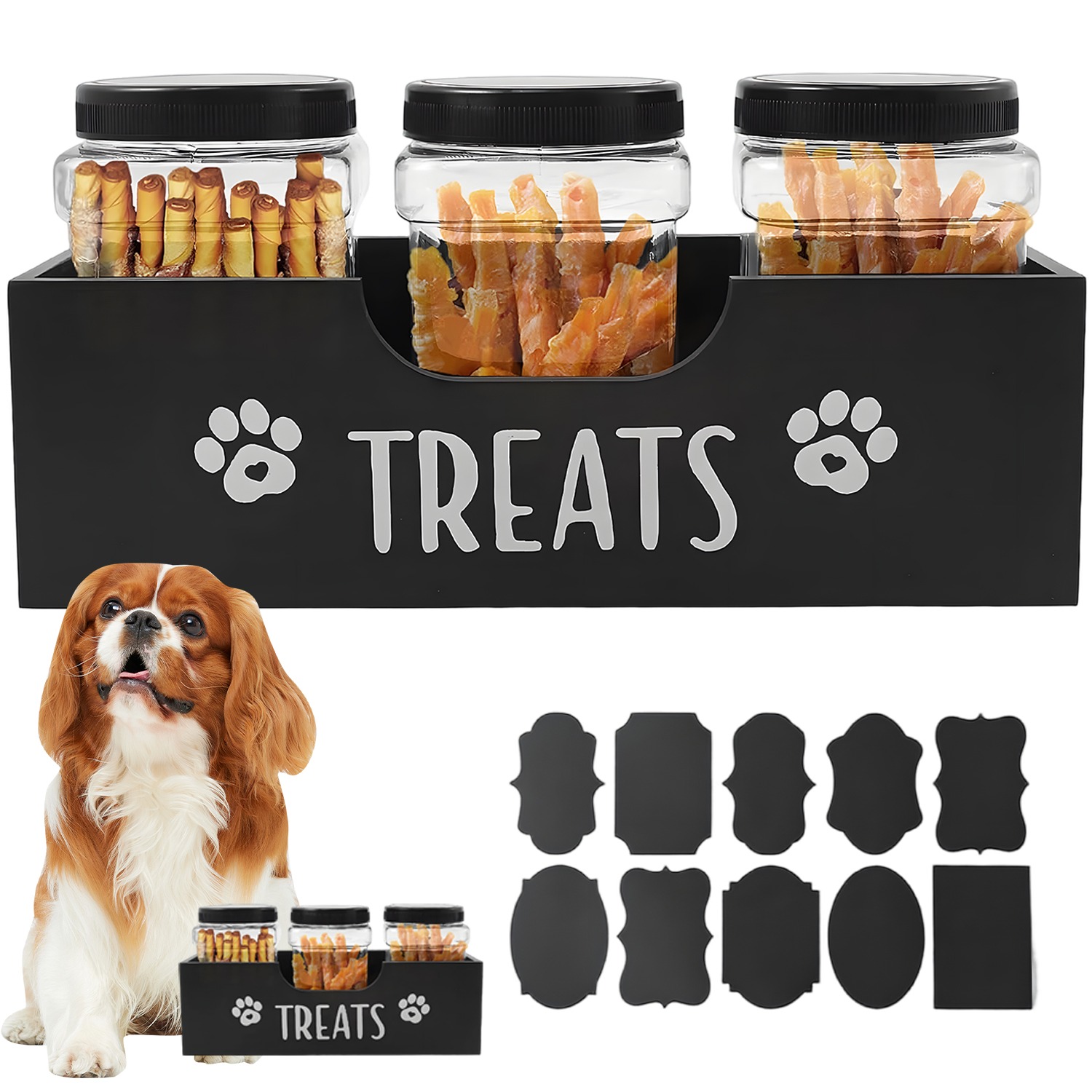 3 Sealed Jars With Wooden Storage Box, Durable Plastic And Wood Construction, Portable Side Handles, Organizer, Kitchen Pantry Container Set, Practical For Pet Owners