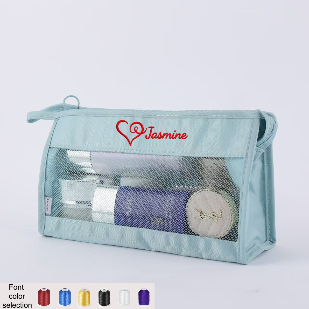 TEMU Custom 1pc Embroidered Name Toiletry Bag, Twill Mesh Design, Portable Hanging Wash Bag, Large Capacity, Ideal Bridesmaid Gift For Girls And