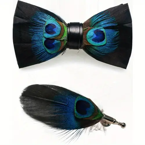 handmade feather pretied bow tie and brooch sets for men