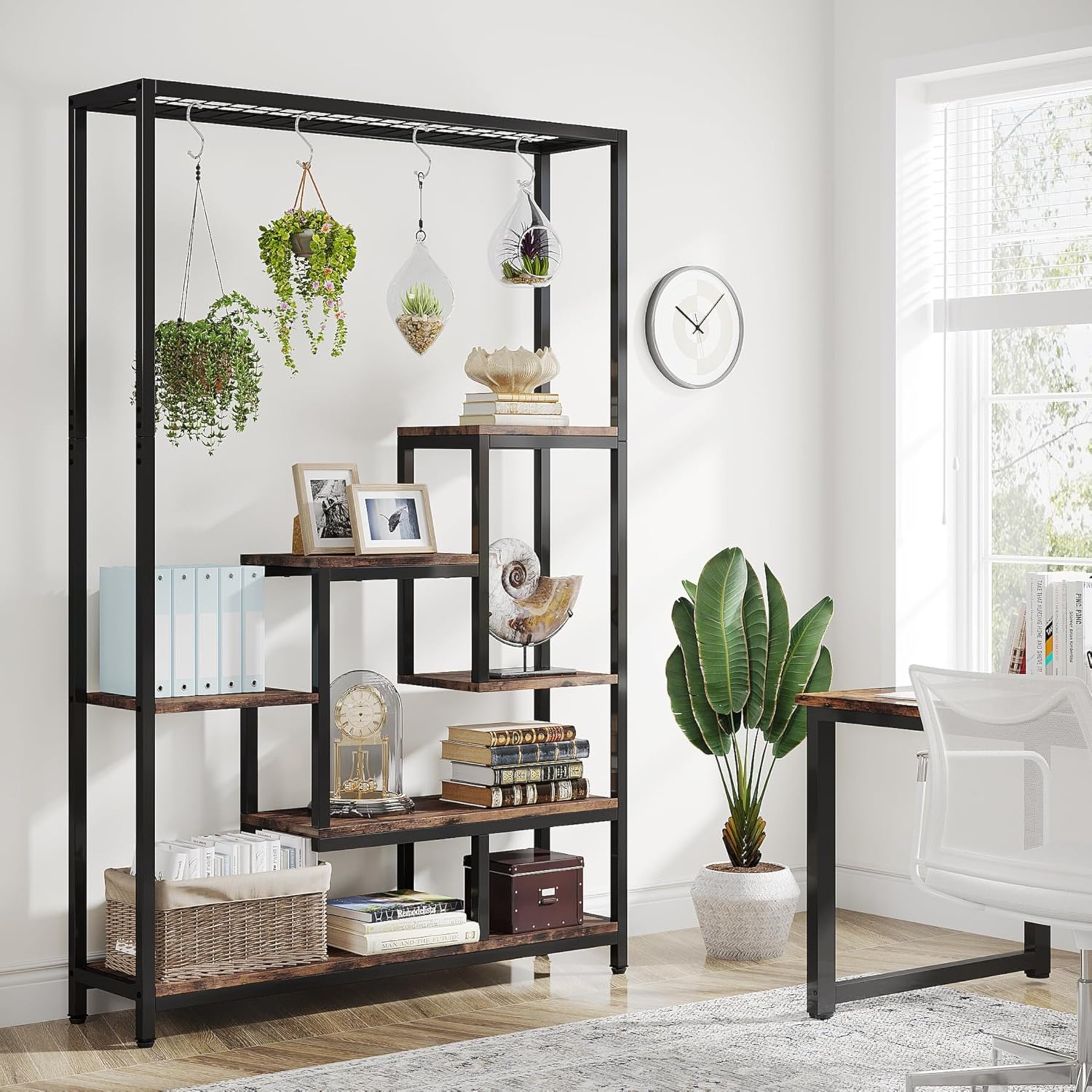 E-shop 5-Etagen Bücherregal, 180 cm Präsentationsregal mit 6 S-Haken, Pflanzenständer mit Metallrahmen für Innenräume, Garten, Balkon, Wohnzimmer