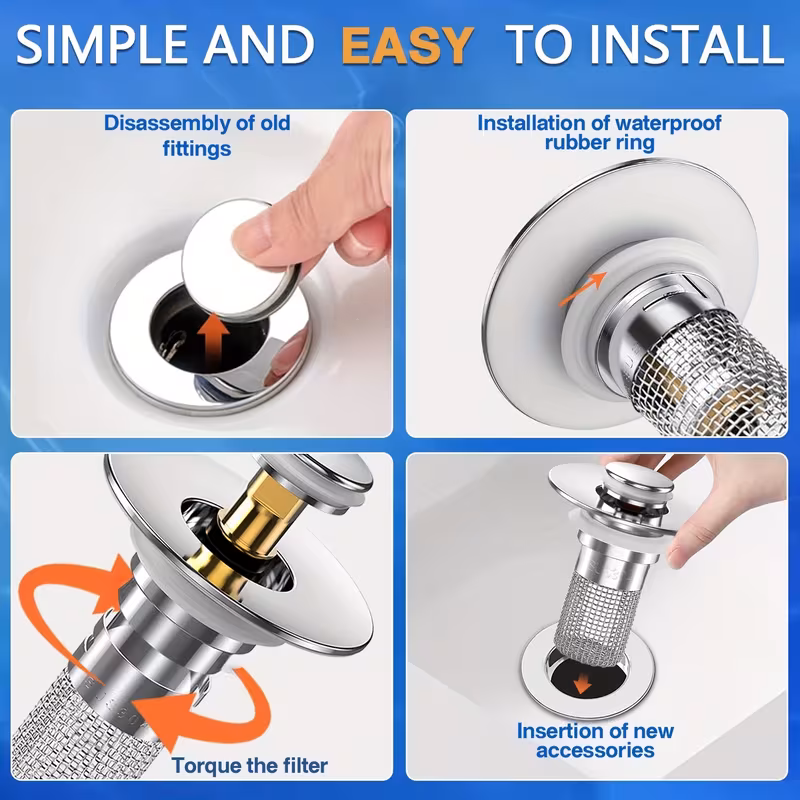 set of 2 stainless up sink drain filters with removable baskets suitable for bathtub shower drain covers hair catchers to prevent clogs on replacement plugs for clearing blockages no chemicals needed easy to clean Product details 4