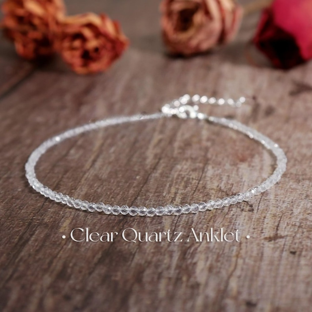TEMU 1pc Clear Quartz 2mm Tiny Stone Beads Anklet, Minimalist Women Bracelet Anklet, With Stainless Steel Chain, Gift For Her