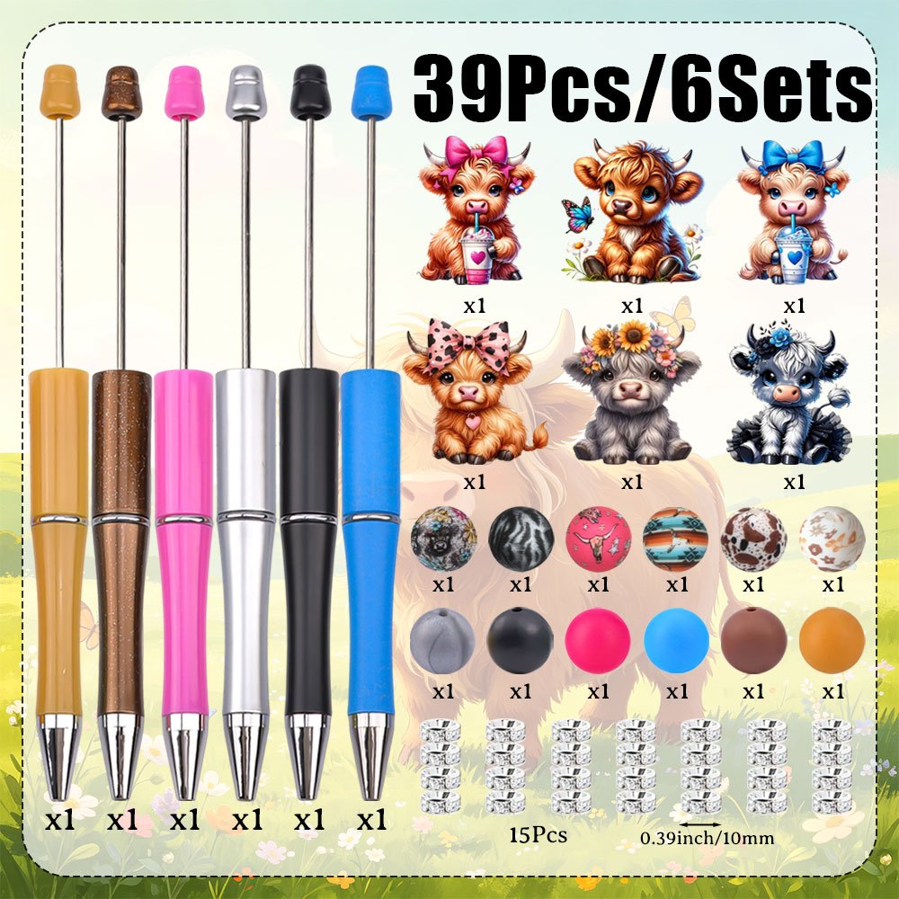 TEMU 6 Sets Western Highland Cow Beaded Ballpoint Pens, Farm Cow Character Decor Twist Pens, Reusable Bead Pen, Black Ink Writing Stationery, Holiday