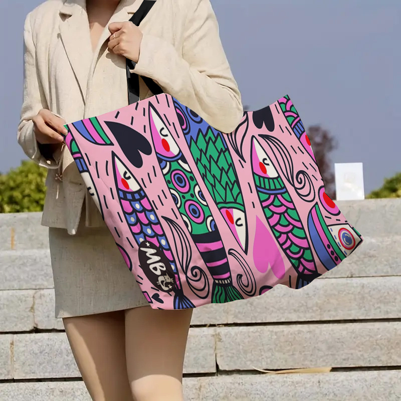 Image of An Oversized Canvas Bag Featuring A Colorful Cartoon Fish Pattern, A Cute Handheld Serves As A Convenient Shopping Tote, A Foldable Travel Beach Bag, And A Storage Bag For