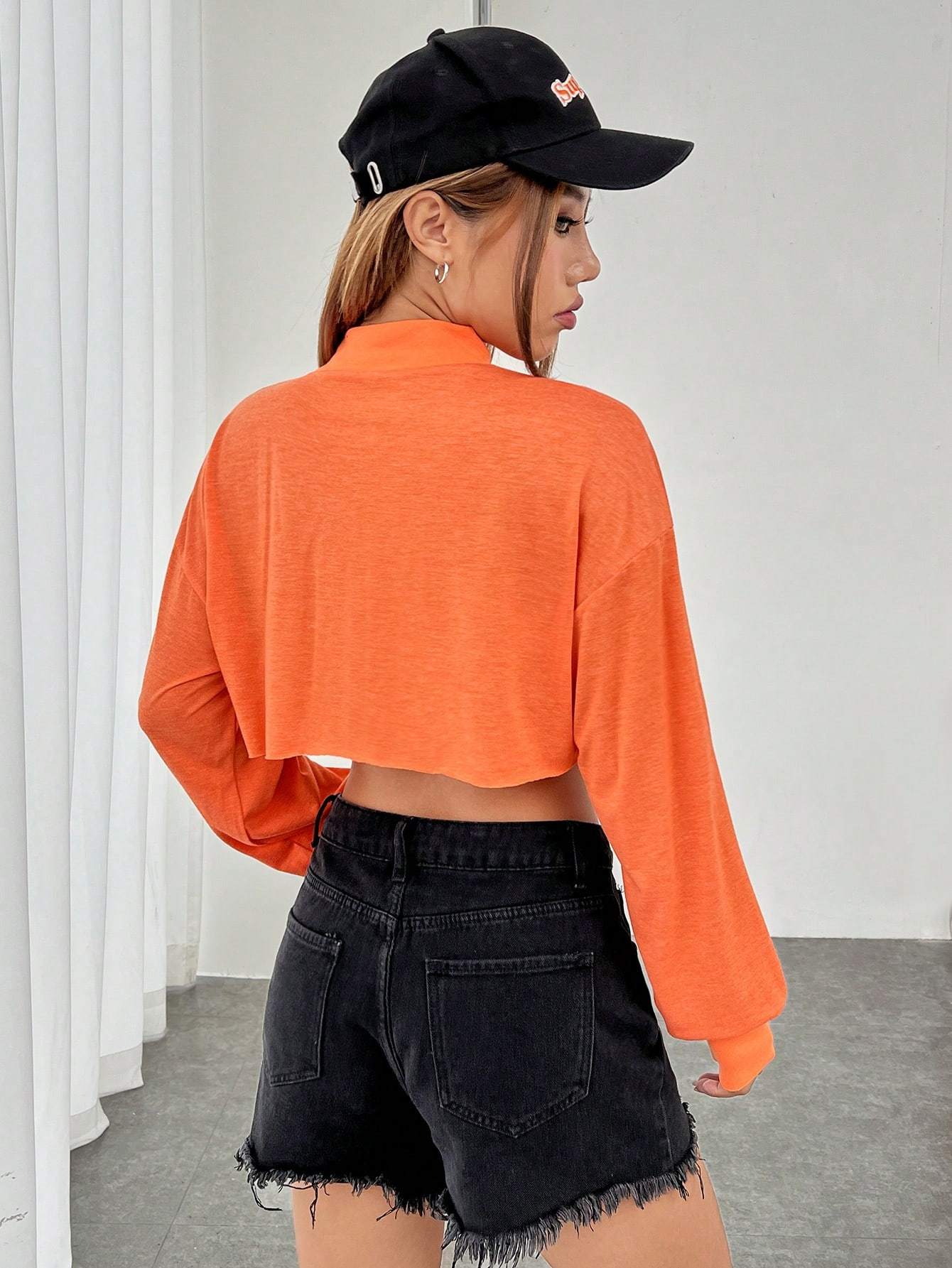 womens vibrant orange high neck cropped long sleeve top Temu Ireland - Main Image