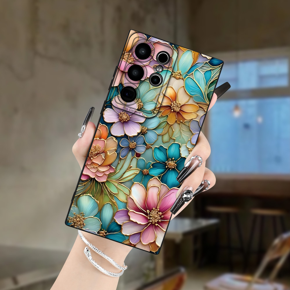 TEMU Phone Case: Light Luxury High-end Artistic Print Black Matte Floral Pattern Phone Case Compatible With Galaxy S25/s24/s23/s22/s21/s20 Fe Series