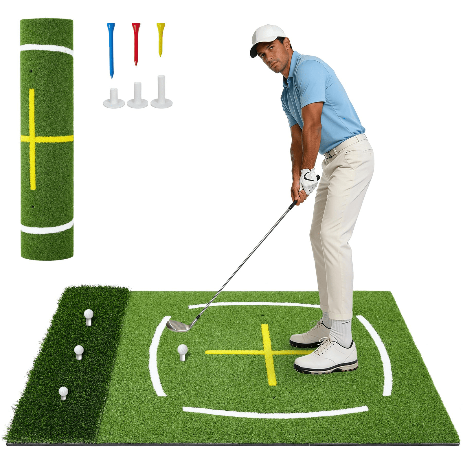 Image of 5x4ft Dual Turf Golf Hitting Mat, Artificial Grass Portable Practice Mat, Indoor/ Outdoor For Left/ Right Handed Golfers