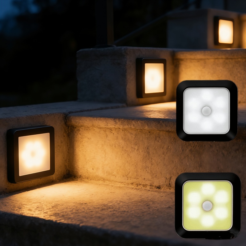 6 LED-uri Lumini Inteligente cu Senzor de Mișcare pentru Scări, IP44, Lumină de Noapte Wireless Alimentată cu Baterii, Potrivite pentru Sub Dulapuri, Coridoare, Scări, Dulapuri, Design Modern Pătrat. Include Componente Electronice (Bateria Nu este Inclusă)