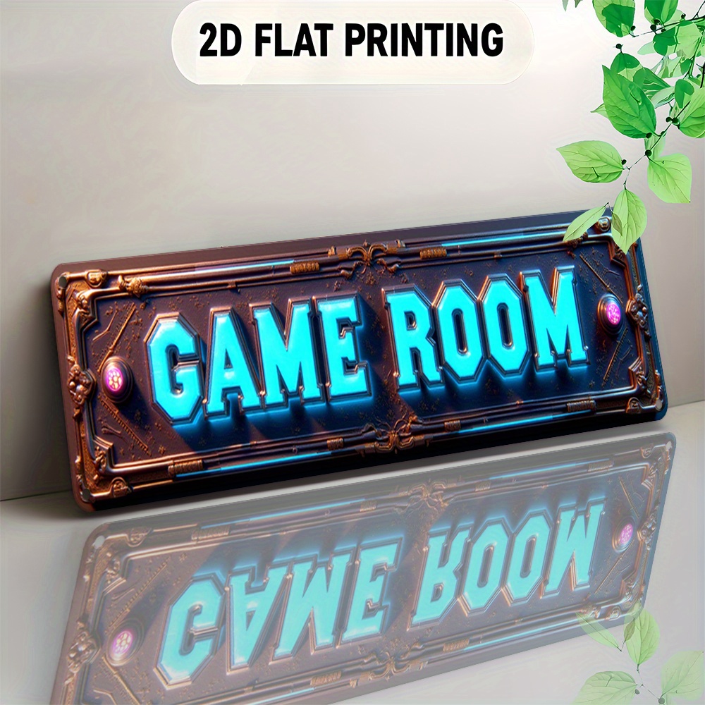 TEMU 2d Flat, Signboard, A Decorative Item With A Fashionable European Style Game Room Sign, Glowing Blue Neon Letters, Ornate Metallic Frame, Purple