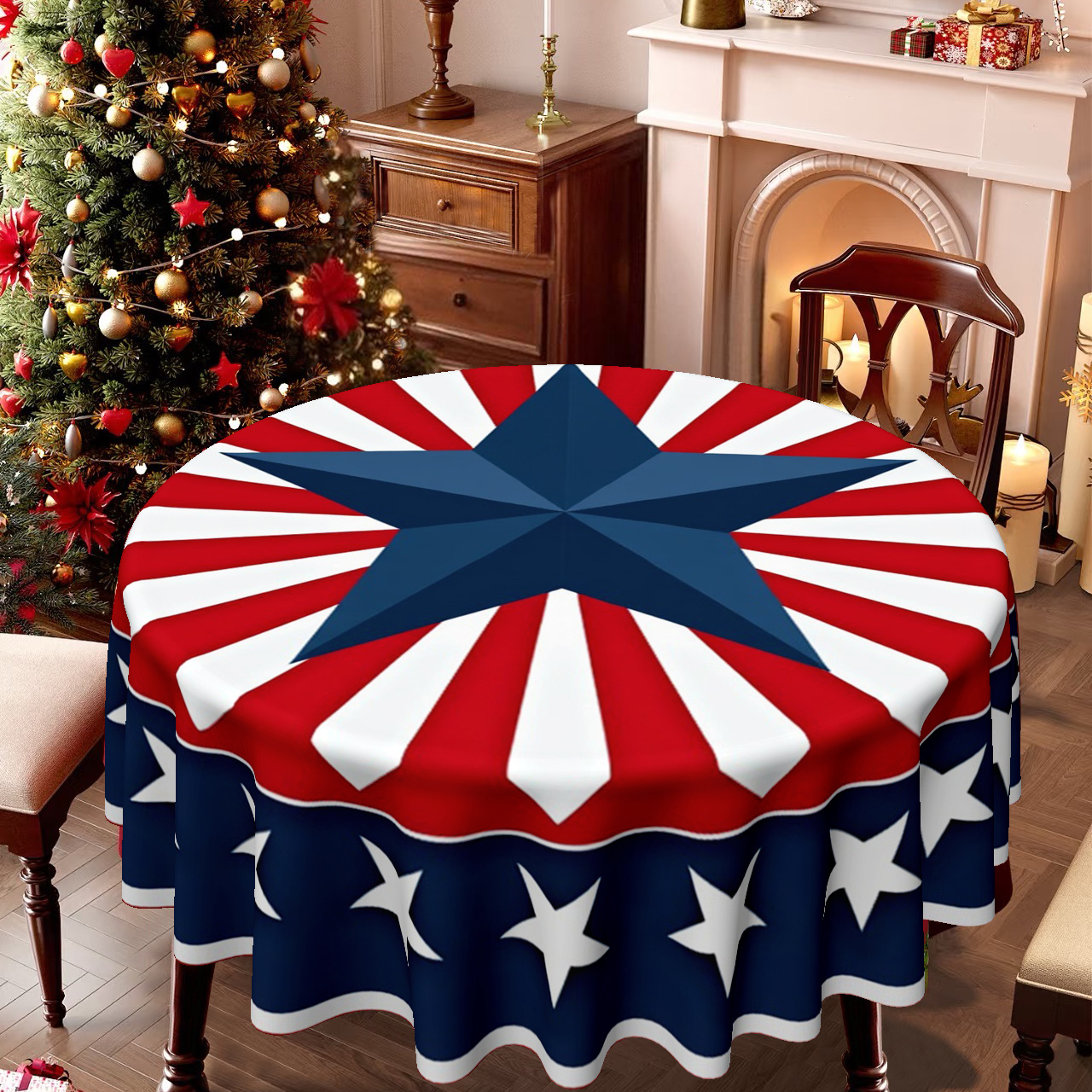 a round tablecloth designed for   occasions such as christmas easter and   events showcasing     surrounded by red and   and an   of white stars its   family   dining areas