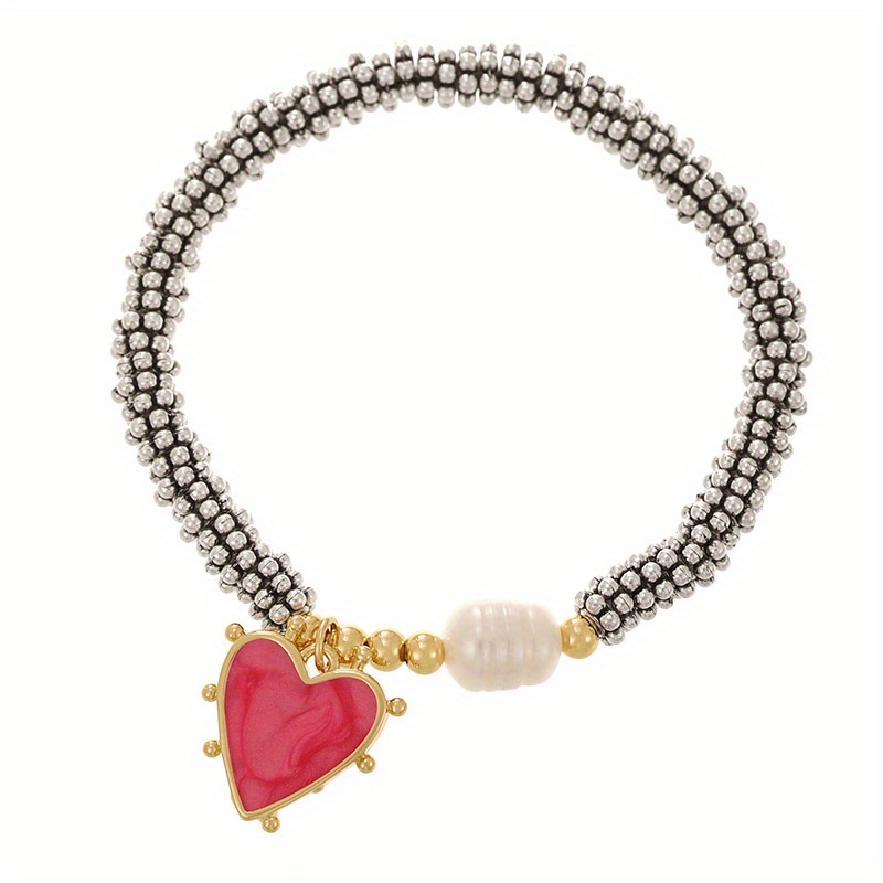 TEMU 1pc Día de San Valentín Y2K Moda Elegante Lujo Cobre Gotita de Aceite Amor Cuentas Perla Pulsera Hermanas Damas Pareja Joyería Regalo, Adecuado