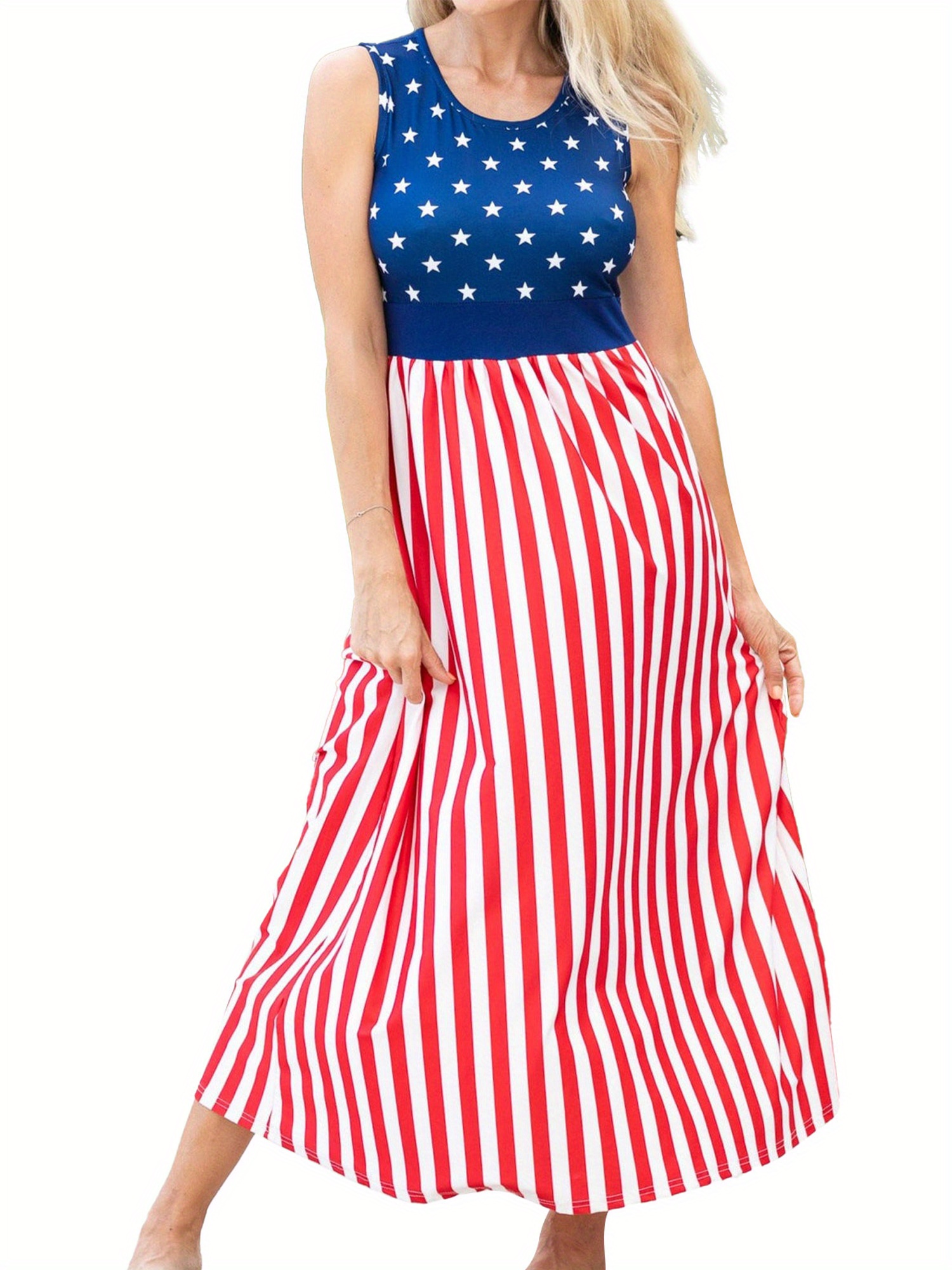 knee length dresses for ladies Women 4th Of July Outfit American Flag Star Striped Dress for Patrioti –  Sun Baby main image 1