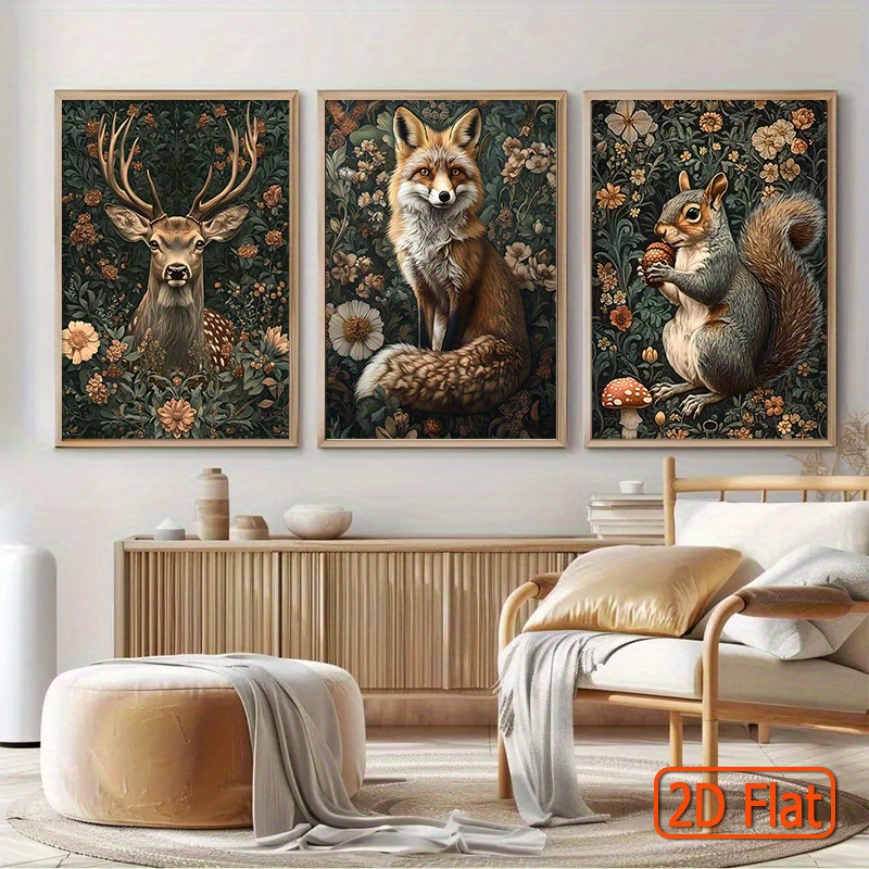 TEMU 2d Flat, 2d Flat, 2d Flat A Set Of 3 Frameless Canvas Artworks Featuring Forest Creatures Like Deer, Foxes, And Squirrels, Set Against A Vibrant