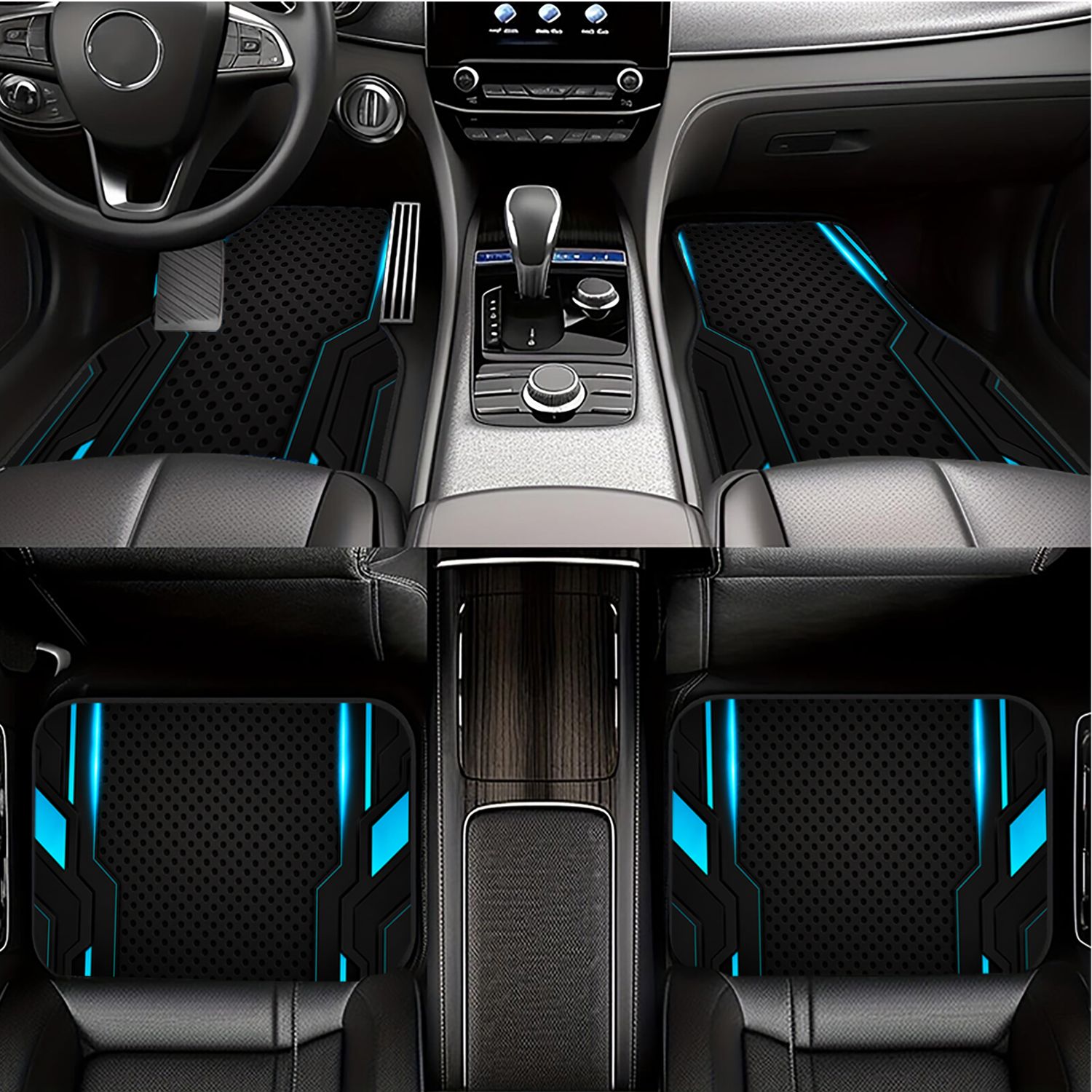 TEMU 2d Flat Printing 2pcs 4pcs Universal Car Floor Mats, Futuristic Blue Neon Circuit Pattern Print, Trendy Tech Style Interior Decoration, Durable