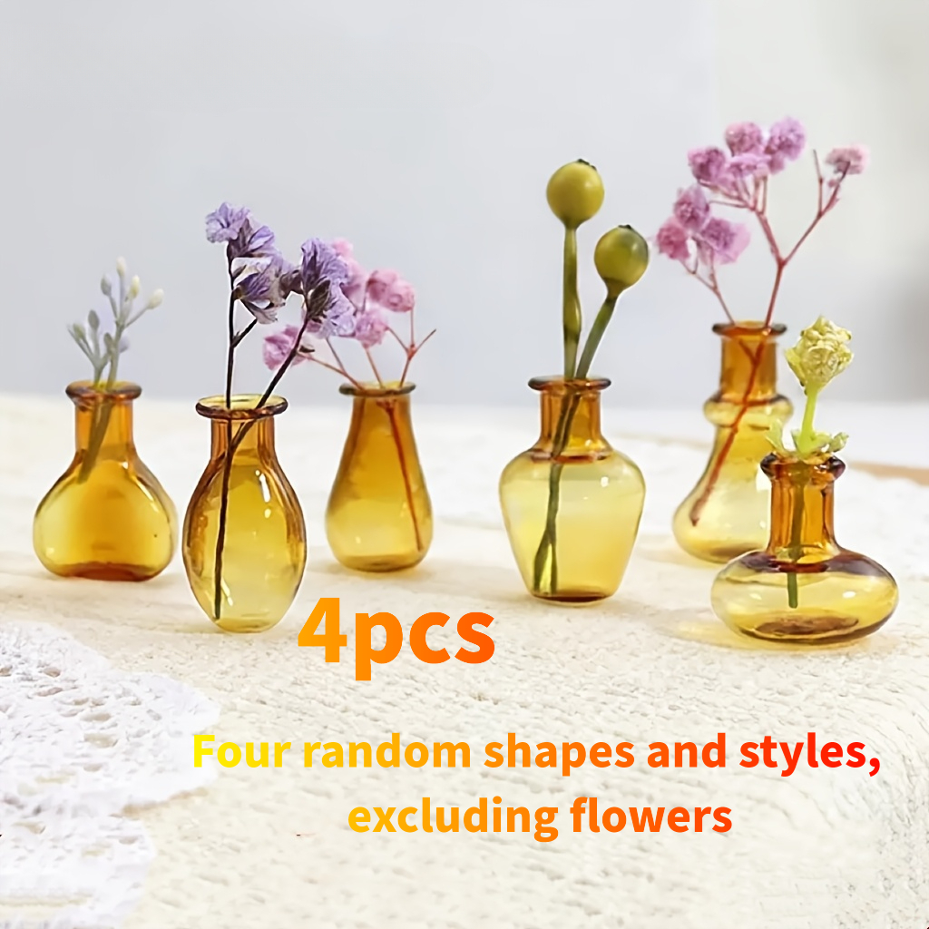 TEMU 4pcs Set Mini Glass Bottle Vases, Thumb-sized Vases, Caramel-colored Retro Decor, Suitable For Mini House Decoration Ornaments, Office Desk Mini