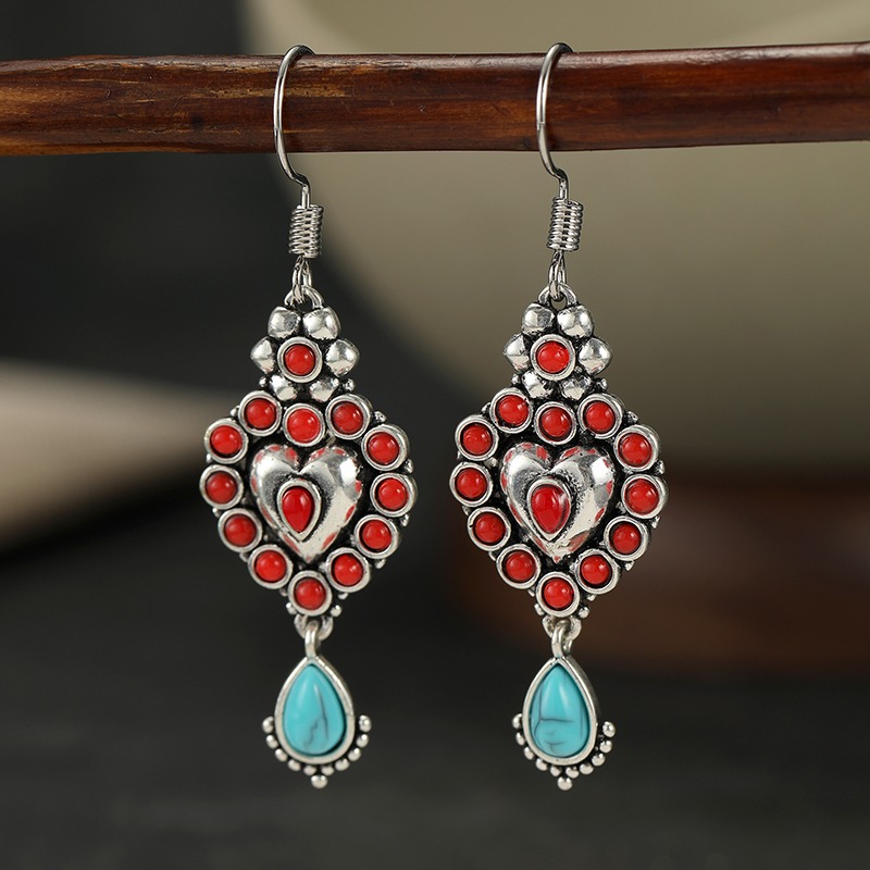 TEMU Ladies' Dangling Earrings Heart-shaped Synthetic Turquoise Inlaid With Bohemian Style Daily Vacation Party Atmosphere Earrings