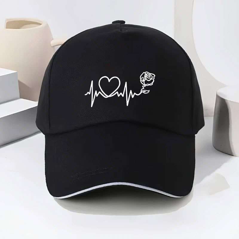 TEMU Chapeau de soleil respirant et léger pour femmes avec ECG de cœur et imprimé de roses , casquette de sport décontractée en polyester ajustable,