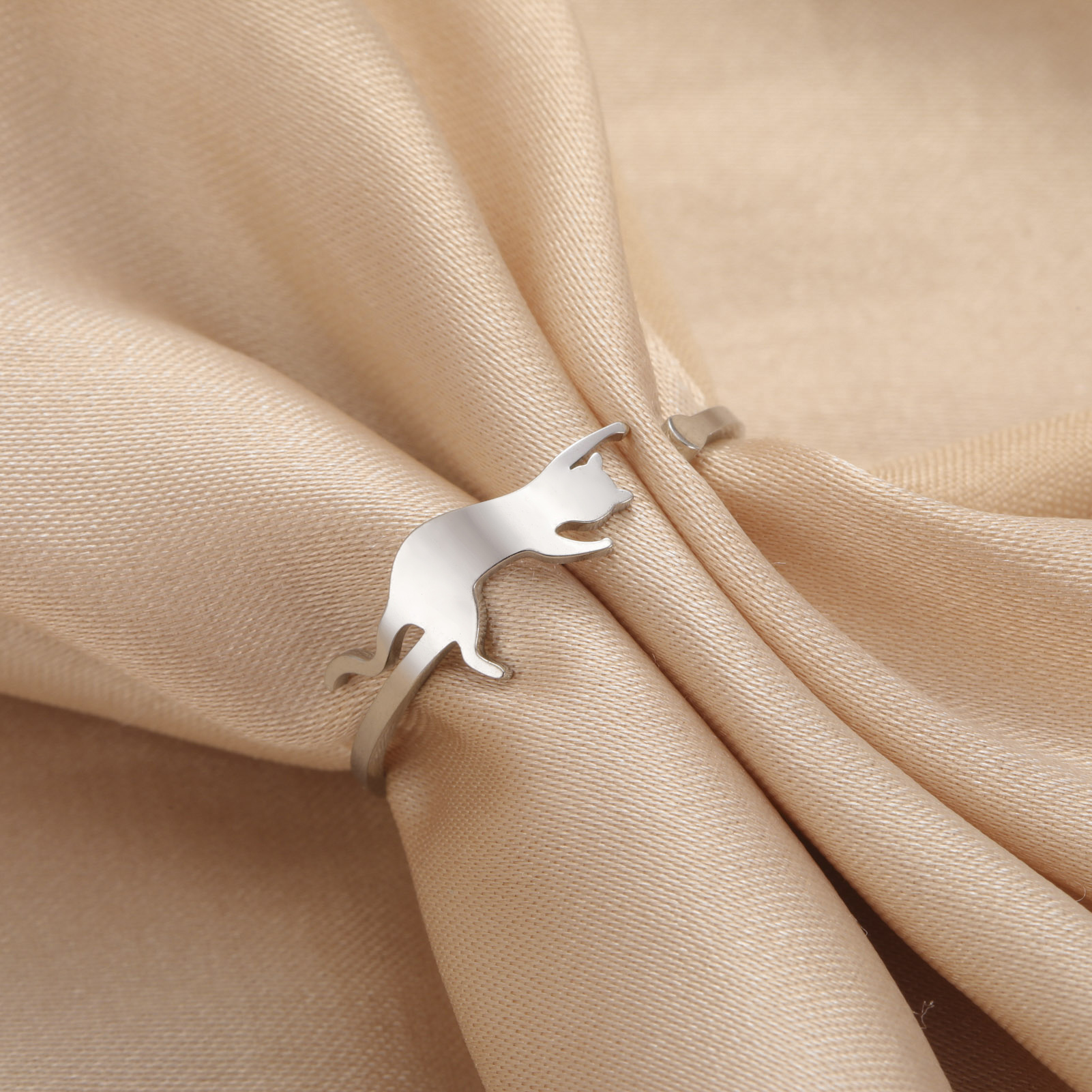 Cat Design Adjustable Stainless Steel Ring, Casual Style