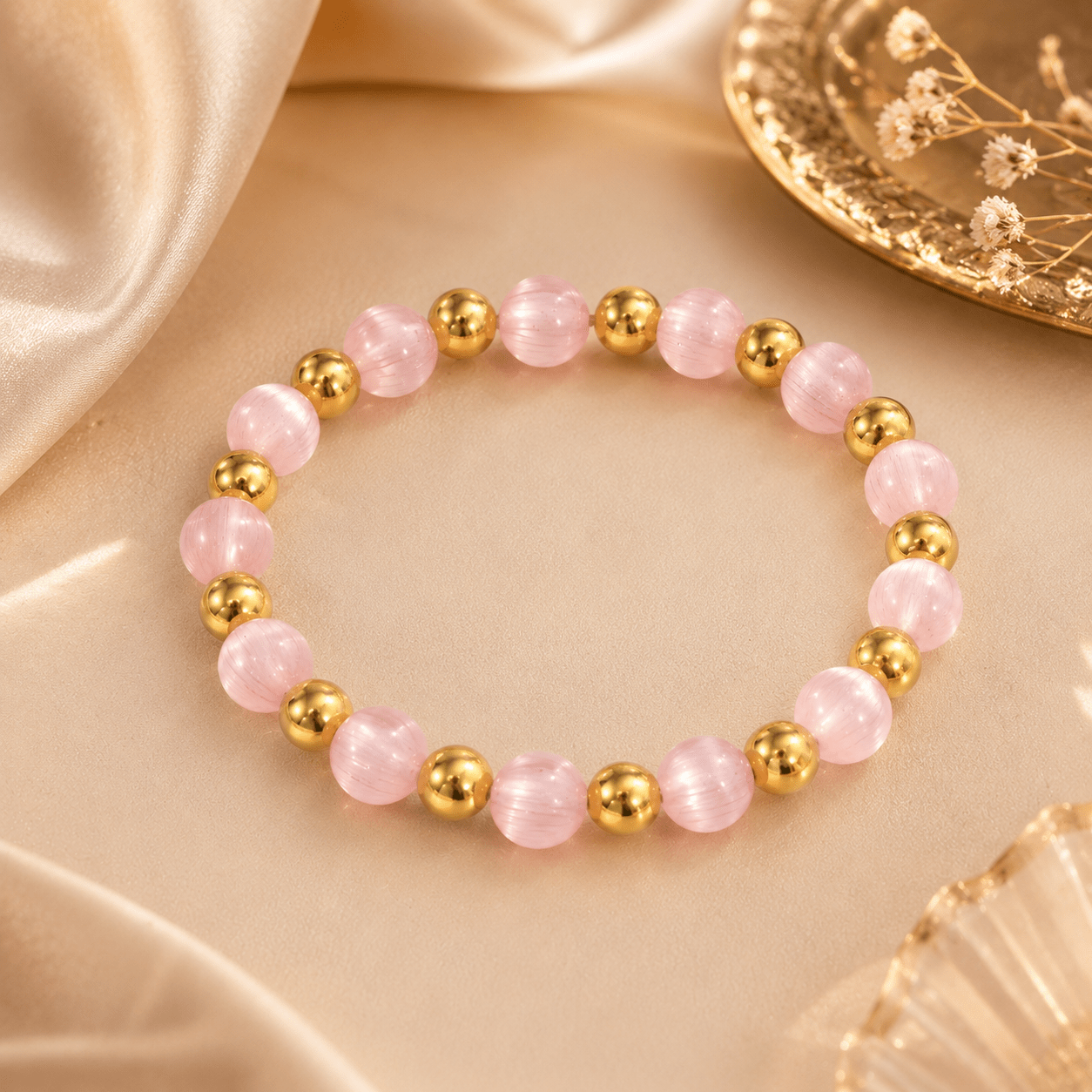 Women's Pink Cat's Eye Stone Bracelet with Acrylic Beads