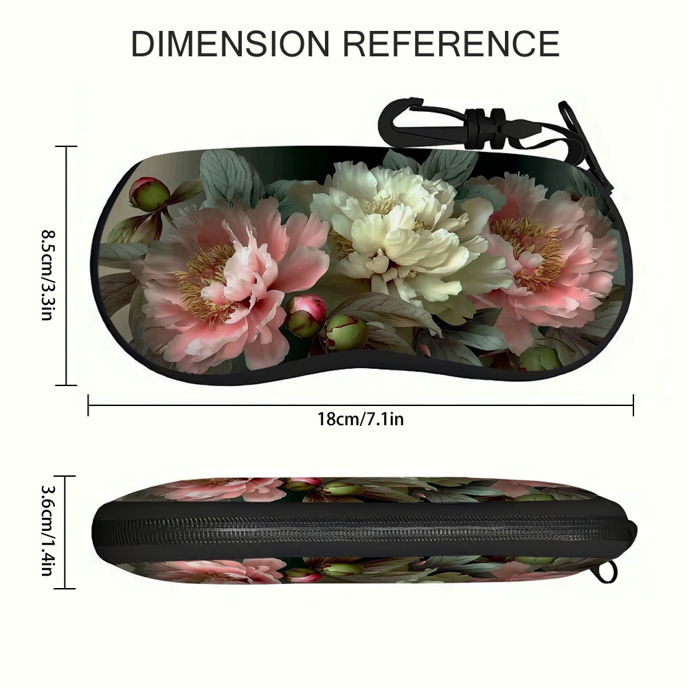 TEMU 1pc Modern Spring Blooming Peonies Print Zippered Glasses Case Suitable For Eyeglasses & Fashion Glasses, Ultra-lightweight Polyester Cover With