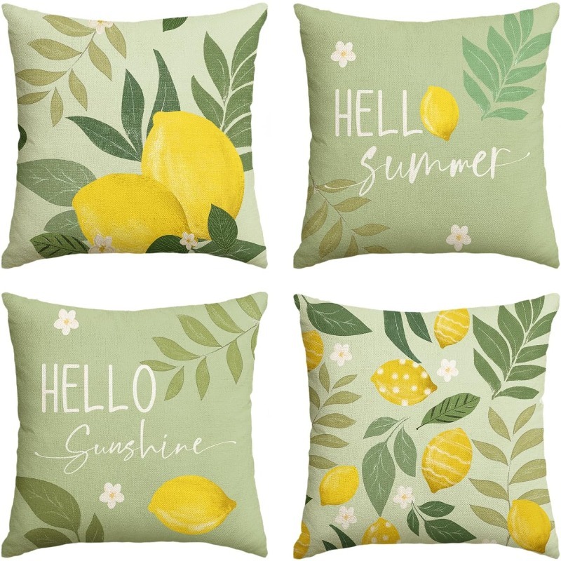 Image of 4pcs Hello Summer Lemon Pillowcase, 20 X 20 Inches, Eucalyptus Leaf Polka Dot Holiday Seasonal Cushion Cover Decoration, Pillow Insert Not Included
