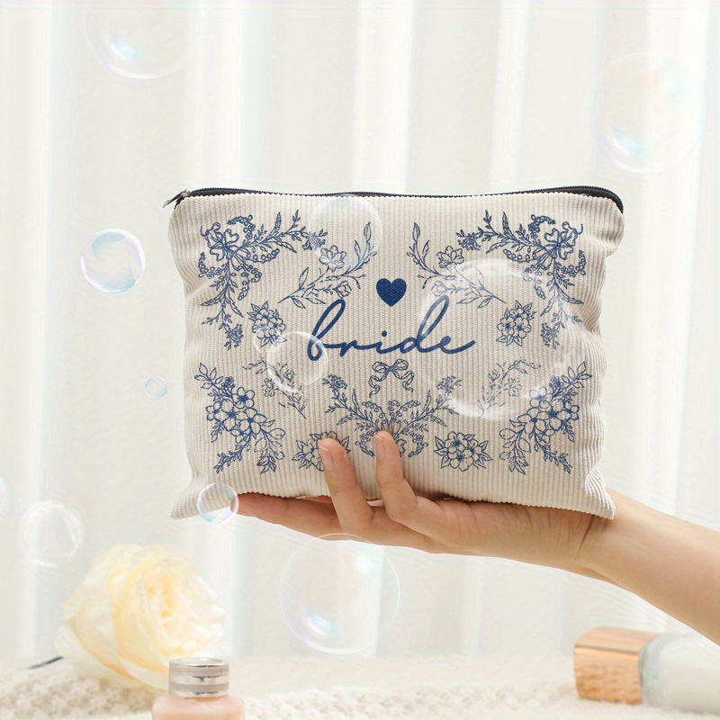 Image of 1pc Bride Makeup Bag Bag For Bridal Shower Wedding Engagement Gifts Patterned Corduroy Zipper Makeup Bag, Lightweight And Multifunctional Makeup Storage Bag