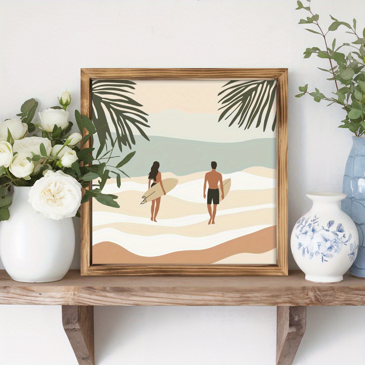 TEMU 1pc Beach Couple Wood Framed Wall Sign - Rustic Wooden Decor With Surfboard & Tropical Foliage - 8x8 Inch, Entryway, Living Room, Kitchen,
