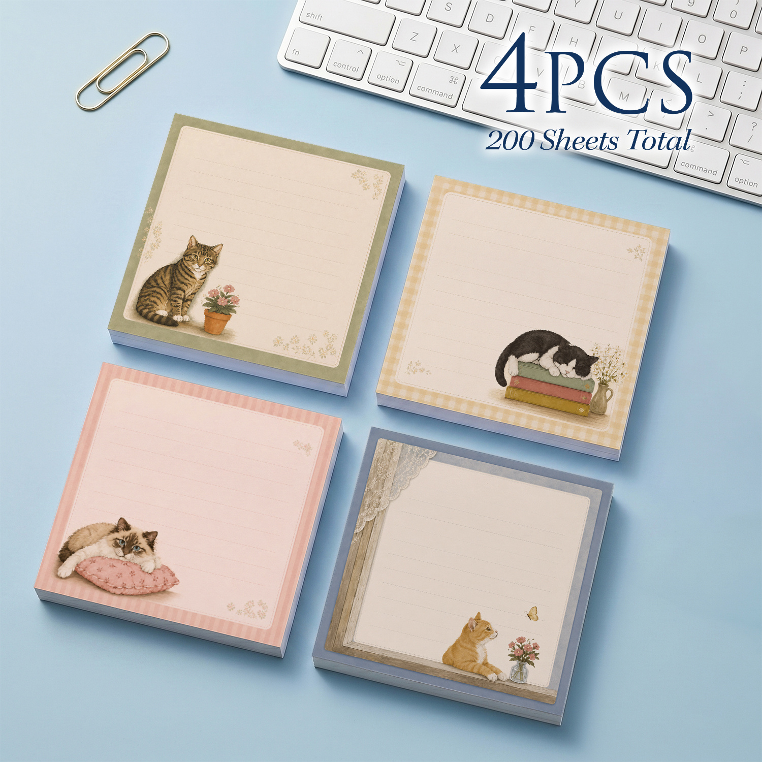 TEMU 4pcs Vintage Cat Illustration Sticky Notes, Cute Cat Memo Pads 3x3 Inch, Aesthetic Self-adhesive Notes With Retro Artwork, Decorative Desk Notes