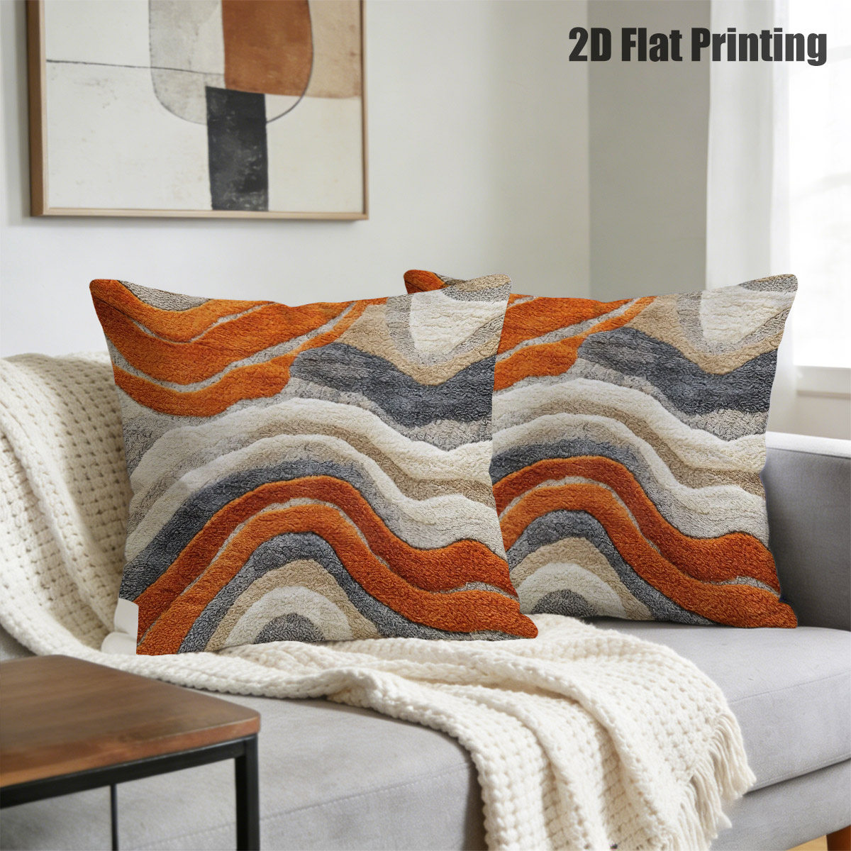 TEMU Housses de coussin 2 pièces avec motif imprimé non texturé, ondulées abstraites, double impression orange beige incurvés, pour canapé moderne,