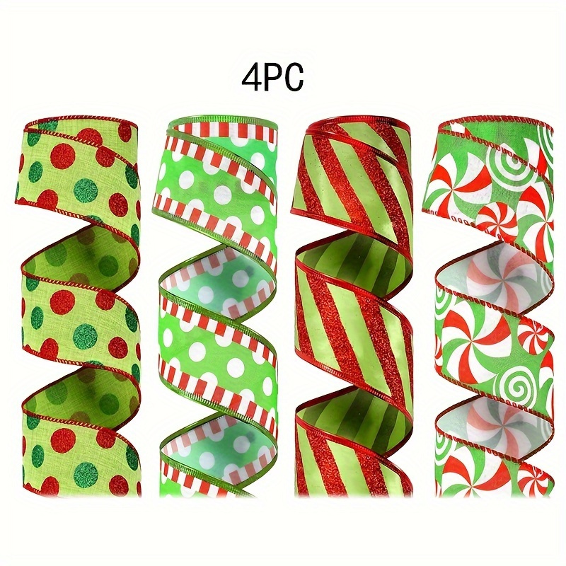 TEMU 4 Rolls 2.5-inch Christmas Green And Red Wired Ribbon With Glitter Stripes, And Red Wired Edge Polka Dot Ribbon For , Bows, And Diy Crafts