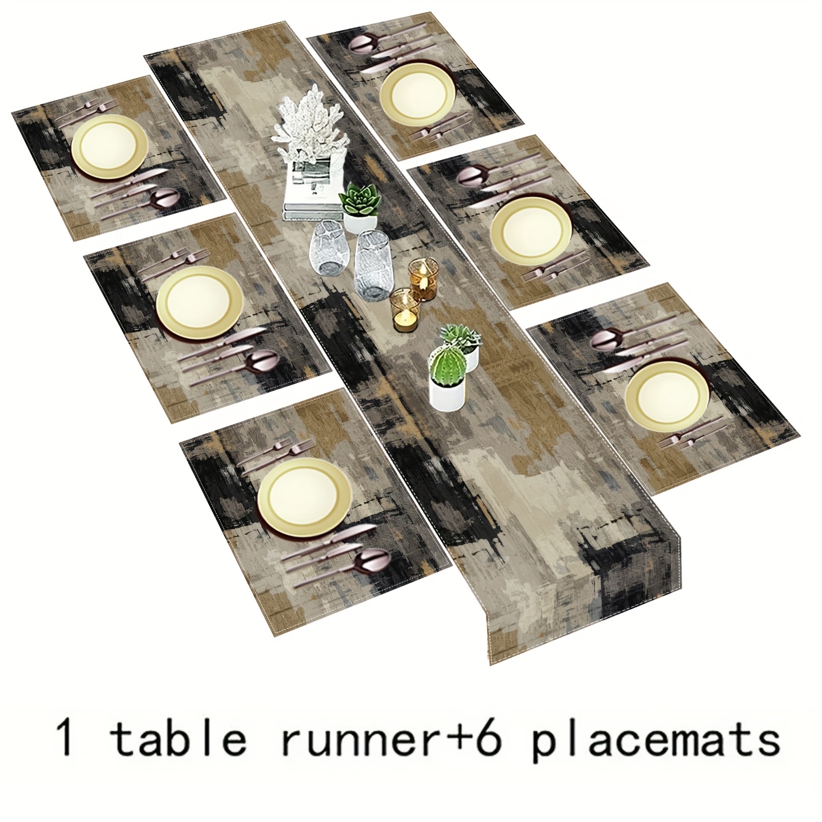 TEMU 5/7pcs Abstract Black And Gray Painting Art Table Decoration, Table Runner And Placemats, Suitable For Home Kitchen, Outdoor Party, Dining Table