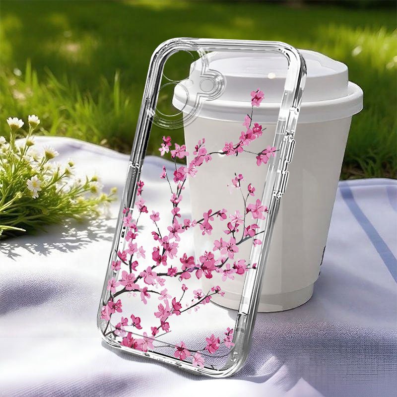 TEMU Phone Case: Pink Cherry Branch Pattern Transparent Full-coverage Case, Suitable For Iphone X/11/12/13/14/15/16/17/air/pro/pro Max/plus. Features