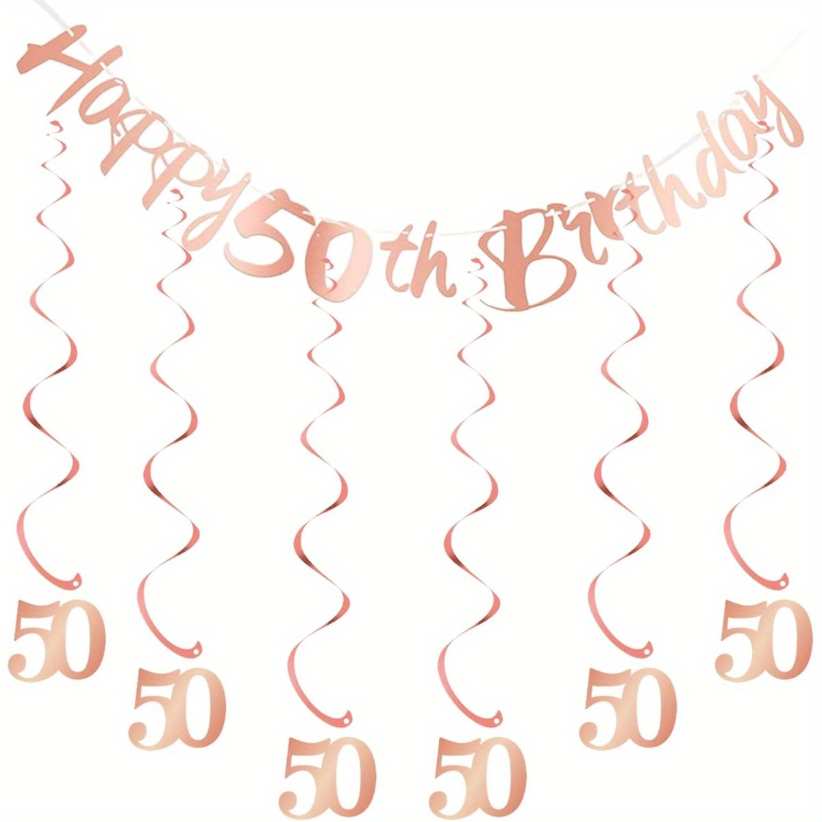 Image of Set Of 7pcs For A 50th Birthday Celebration, Featuring A Bunting Banner, Hanging Swirl Streamers, And Decorations Specifically Designed For Women Turning 50, All In A Rose Golden Theme