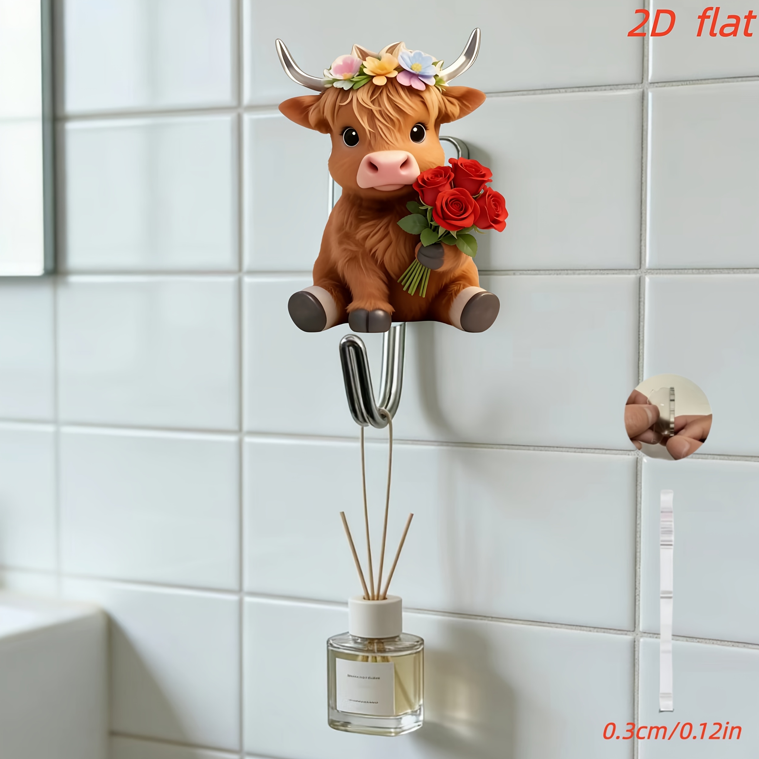 TEMU Crochet plat 2D en acrylique 1pc avec vache des tenant des fleurs, aucun perçage , adhésif puissant couture, crochet de salle de bain, facile à