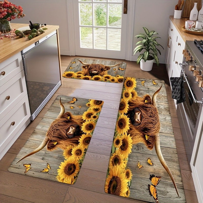   mat set of 2 3 highland cow and sunflower design non slip machine washable lightweight polyester fleece area mat for bedroom living room dining room kitchen bathroom thickness 10mm density 18  grams per   0