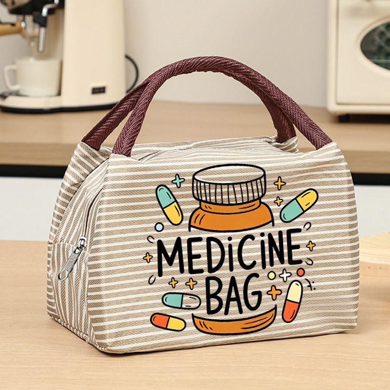 TEMU Hobby Medicine Bottle Letter Print Striped Handbag, Random With Zipper And Striped Style, Fresh And Handheld Storage Bag, Fashionable Portable